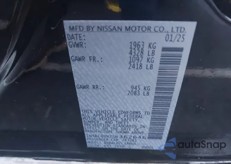 2025 Nissan Altima Sv z USA, uszkodzony, nr VIN 1N4BL4DV2SN362646